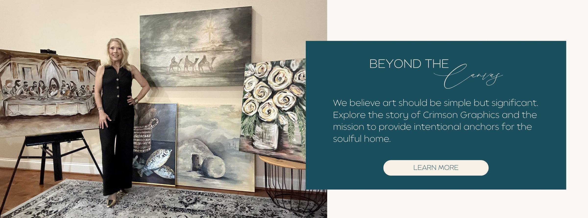 Woman standing in front of art pieces with a promotional banner about Crimson Graphics.