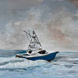 Boat in rough water with a stormy sky