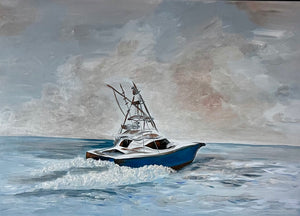 Boat in rough water with a stormy sky