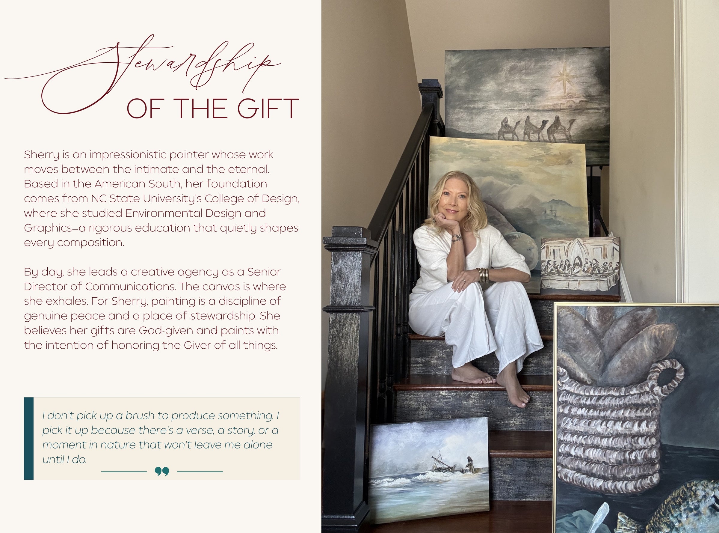 Woman sitting on a staircase with art around her, text on the left
