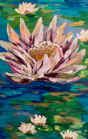 Painting of flowers on a blue and green background