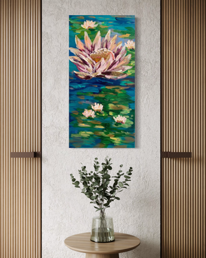 Painting of a water lily on a wall above a small table with a vase of flowers.