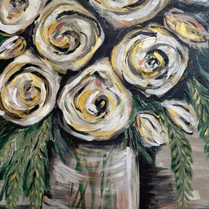 Painting of white flowers and a glass on a textured background
