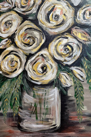 Painting of white flowers and a glass on a textured background