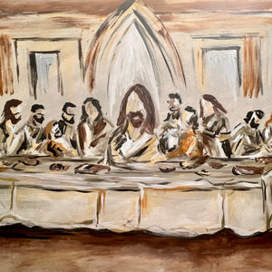 Painting of the Last Supper with figures around a table.
