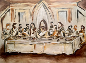 Painting of the Last Supper with figures around a table.