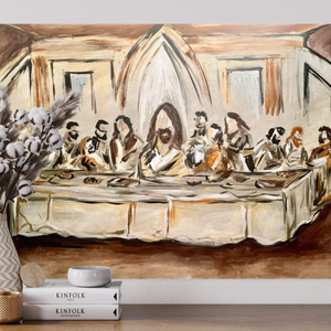 Painting of 'The Last Supper' on a wall with decorative elements below.