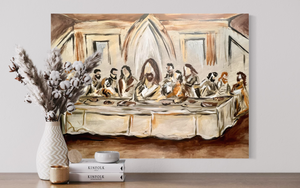 Painting of 'The Last Supper' on a wall with decorative elements below.