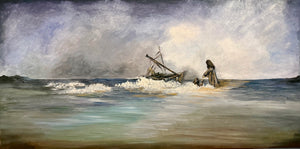 Painting of a person walking on water surrounded by rough seas and dark clouds.