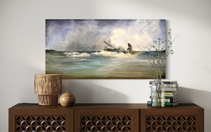 Large painting of a seascape with a person walking on water towards boat, displayed above a wooden console table.