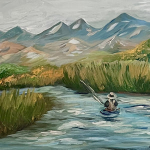 Painting of a person fishing in a river with mountains in the background