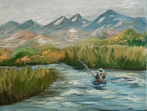 Painting of a person fishing in a river with mountains in the background