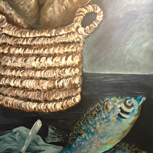 Still life painting with bread in a basket and fish on a table.