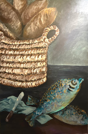 Still life painting with bread in a basket and fish on a table.