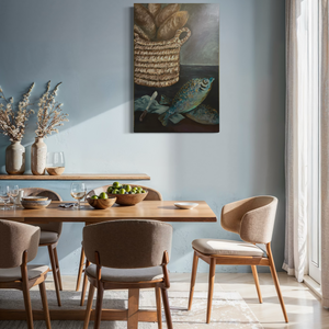 Dining room with wooden table and chairs, light blue walls, and a painting of fish and bread.
