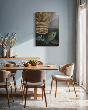 Dining room with wooden table and chairs, light blue walls, and a painting of fish and bread.