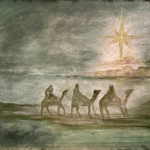 Artistic depiction of a starry night with silhouettes of people on camel back and a bright star in the sky.