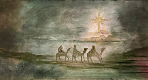 Artistic depiction of a starry night with silhouettes of people on camel back and a bright star in the sky.
