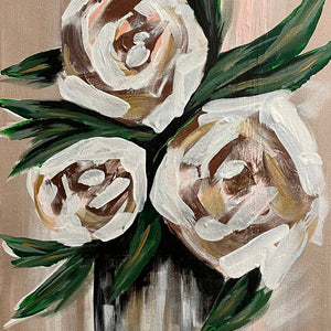 Painting of white flowers in a vase on a wooden panel