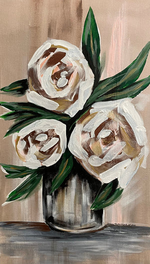 Painting of white flowers in a vase on a wooden panel