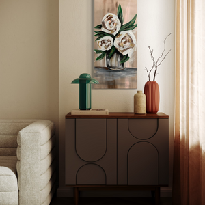 Modern living room with a sideboard, decorative vases, and a floral painting.