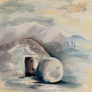 Artistic depiction of a large spherical object near a cave entrance with mountains in the background
