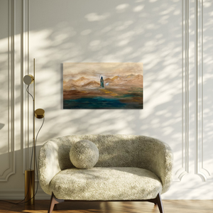 Modern living room with a textured sofa, floor lamp, and wall art.