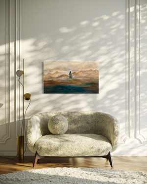 Modern living room with a textured sofa, floor lamp, and wall art.