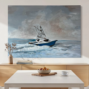 Dining room with a large painting of a boat on the water, placed above a table.