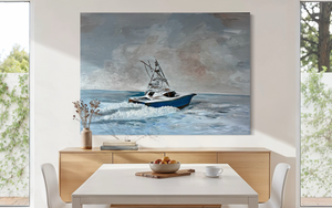 Dining room with a large painting of a boat on the water, placed above a table.